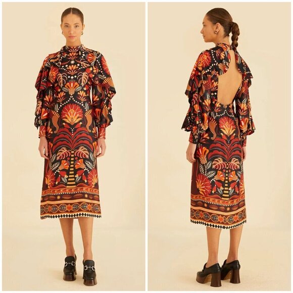 💕FARM RIO💕 Nature Beauty Red Scarf Backless Midi Dress ~ Large L NWT - Picture 7 of 16